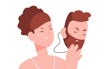 Transgender mask. Trans gender identity, modern transsexual men or woman, genderqueer social problem, double face transgendered person, average sex, png illustration