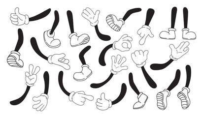 Mascot pairings in gloves. Pair cartoon hands and legs comic vintage character, arm white glove feet shoe sneaker, doodle object ok gesture hand, isolated neat png illustration - obrazy, fototapety, plakaty