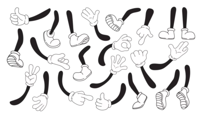 Foto op Canvas Mascot pairings in gloves. Pair cartoon hands and legs comic vintage character, arm white glove feet shoe sneaker, doodle object ok gesture hand, isolated neat png illustration © ssstocker