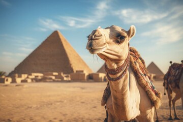 Happy Camel visiting Pyramids in Giza Egypt Desert Smiling Vacation Travel Cultural Historical...