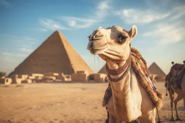 Türaufkleber Happy Camel visiting Pyramids in Giza Egypt Desert Smiling Vacation Travel Cultural Historical Heritage Monument Taking Selfie © Vibes 16:9