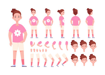 Girl custom animation. Animated kid character poses, heads avatar hairstyles, set little anime child view front and back face constructor body creation sided wear, splendid png
