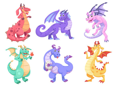 Magic flying dragons. Cartoon fairy creature, funny fantasy creatures characters, fairytale animals, reptiles collection, fire dragon, fly mascot cute baby imagination utter png