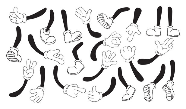 Mascot pairings in gloves. Pair cartoon hands and legs comic vintage character, arm white glove feet shoe sneaker, doodle object ok gesture hand, isolated neat png illustration