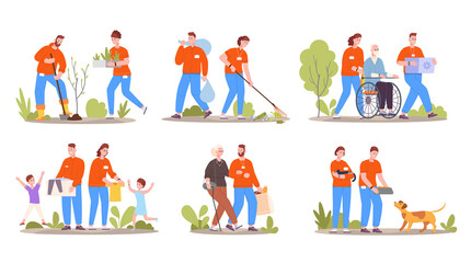 Volunteer help seniors. Volunteering care elder people nursing community, carer blind person, social service donating humanitarian charity, splendid png illustration