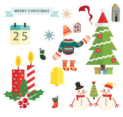 set of christmas icons, sweater, trees, socks, snowman, etc.