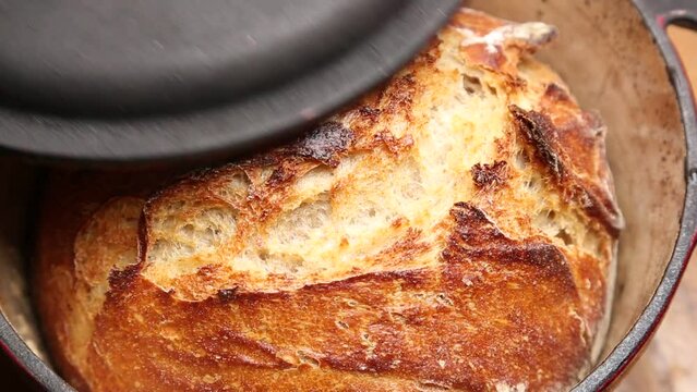 bread loaf in dutch oven (no knead sourdough recipe) opening pot cover footage (rustic, country, boule, caramelized, colorful) toasted, crusty, delicious