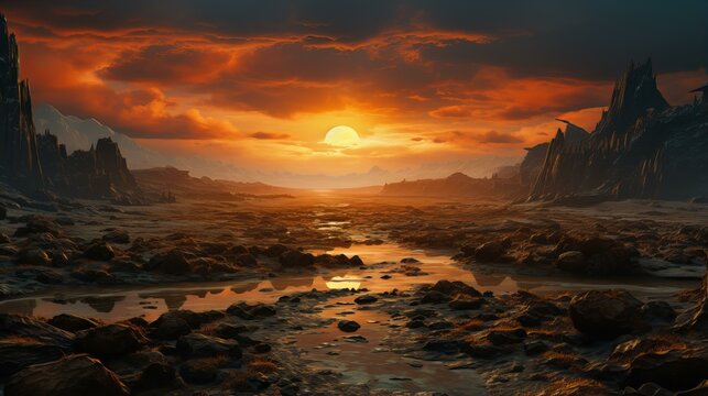 Fantasy Martian Seascape Landscape. Sunset, Rocks, and Imagined Exploration of an Alien Coast