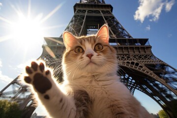 Cat in front of the Eiffel Tower Paris France looking forward to Paris Olympics Olympic Games 2024 Bonjour Le Chat Give me Five Greeting Saying Hello by The River Seine Opening Ceremony Celebration - obrazy, fototapety, plakaty