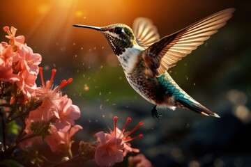 Beautiful Hummingbird Feeding on Flowers and Flying on Plain Background