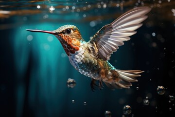 Fototapeta premium Beautiful Hummingbird Swimming and Flying Under Water Impossible Scenes by AI