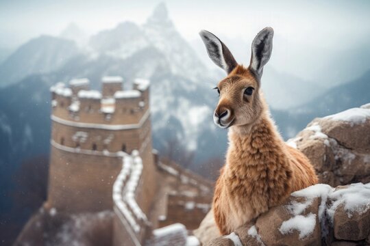 Happy Chinese New Year 2024 A Kangaroo Visiting the Great Wall in Beijing, China