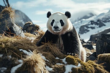 Happy Chinese New Year 2024 Smiling Panda in the Wild in Sanctuary Sichuan China Cold Winter Snow...