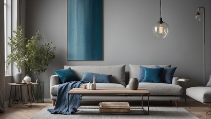 Beautiful Interior Design. A trendy color scheme for your interior includes a blue lampshade and a table lamp with a glass element. Ai Generative