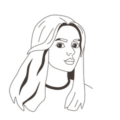 Portrait of woman with long hair in doodle hand drawn style. Avatar of girl, face, head, sketch, lines, outline for design. Simple icon isolated vector illustration.