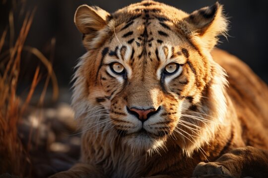 Portrait of a Liger Hybrid Offspring of Male Lion and Female Tiger