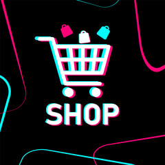 E-commerce shopping and selling app. Shopping, sale of goods from the Internet. Promotion of goods and services. Popular social media logo.