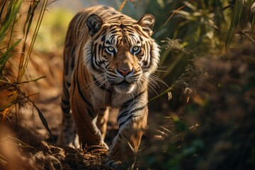 Obraz premium A Tiger in Bush Forest Habitats Trees Wildlife Endangered Species Animals Environmental Protection Conservation Nature Reserve 