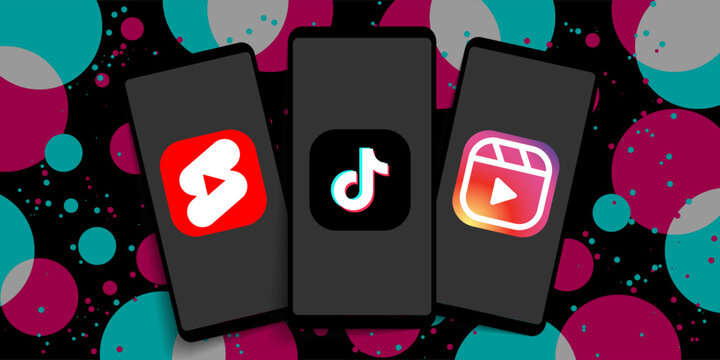 Vector illustration of Instagram Reels, TikTok and Yotube Shorts icons depicted on smartphone screens. Short video sharing platform TikTok vs Instagram Reels vs Youtube Shorts.