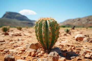 Cactus in Desert on Sunny Blue Sky Background Ferocactus Golden Barrel Cactus 