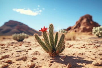Cactus in Desert with Flower Blooming on Sunny Blue Sky Background Lophocereus Schottii Stenocereus Thurberi
