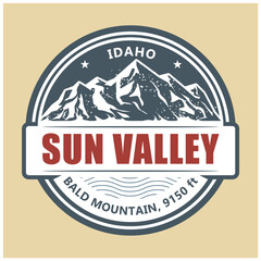 Sun Valley abstract emblem, Idaho stamp with snow covered mountains peaks, vector - obrazy, fototapety, plakaty