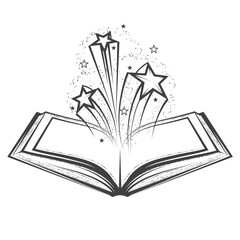 Open magic book with splattering stars, fairytale sorcery and mystic spells, vector