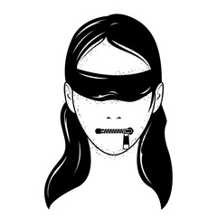 Face of woman with blindfold and closed zip fastener instead of lips, censorship and secret, keep silence, vector