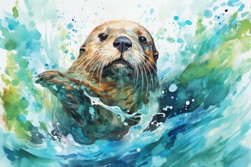 A playful otter floating on its back, with a watercolor background featuring shades of blue and green to create the illusion of water