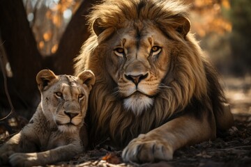Fototapeta premium Male Lion and Lioness in Desert Habitat Trees Wildlife Endangered Species Animals Environmental Protection Conservation Nature Reserve 
