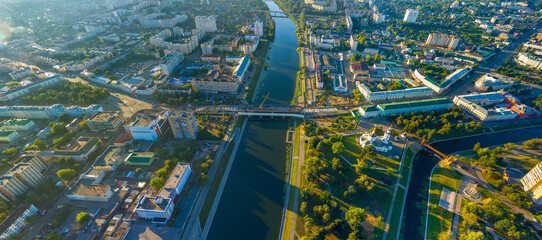 Orel, Russia. Panorama of the city center from the air morning time. Aerial view