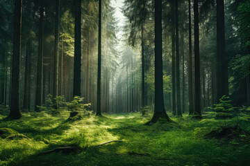 A tranquil forest scene with sunlight filtering through towering trees, illuminating the lush green forest floor.