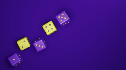3d background casino dices in Purple and Yellow colors. Empty space