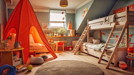 Interior of a children's room with a red tent and toys - obrazy, fototapety, plakaty