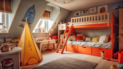 Interior of colorful children's room with wooden bunk bed, tent and toys. - obrazy, fototapety, plakaty