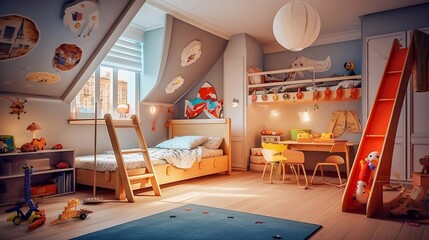 Children's room with a wooden bed and toys. Furniture for children.