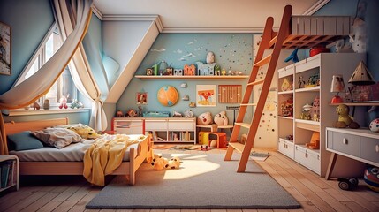 Colorful children's bedroom with bed, wooden ladder and toys.