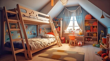 Children's colorful room with wooden bunk beds and toys under the roof of the house.