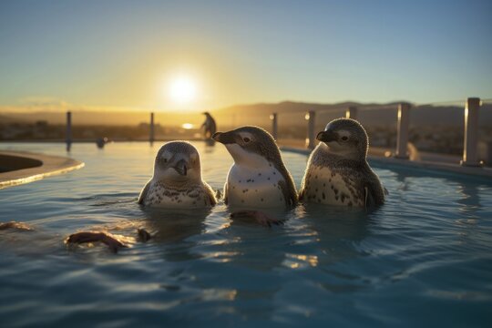 Penguins Swimming in Rooftop Pool 3D Animation Cartoon Concept of Happy Vacation Hotel Stay Travel Holiday Having Fun 