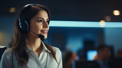 Portrait of a call center operator woman in a headset in the office at a computer