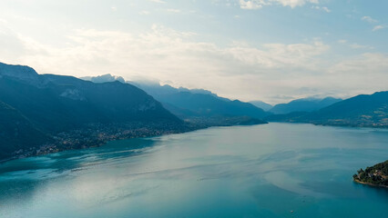 Annecy, France. Mountain lake Annecy in the Alps in southeastern France. Summer, morning hours, Aerial View