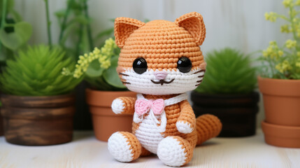 Fototapeta premium Crochet a cute kitten toy on white background. Aspect ratio 9:16.