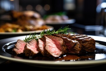 A rare and juicy beef steak with rosemary, grilled to perfection, served on a wooden board.