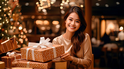 A young  Asian girl receiving gifts for Christmas.
