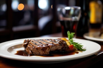 A delectable steak meal, with a savory sauce, cooked to perfection, adorned with rosemary, served on a plate. - obrazy, fototapety, plakaty