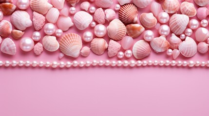 background of beads, shells and stones on pink.