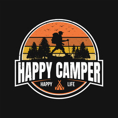 Camping creative t-shirt design vector, Adventure t-shirt design, Outdoor t shirt design,print, Camping logo design vector illustration,Happy camper happy life