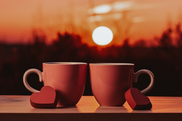 Obraz premium two pink cups with heart-shaped decorations on a table against a romantic sunset backdrop.