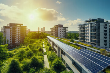 modern eco-friendly urban district with buildings equipped with solar panels, surrounded by lush greenery.
