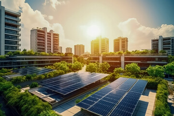 eco-friendly cityscape with solar panels on the rooftops of modern buildings under a bright sun.